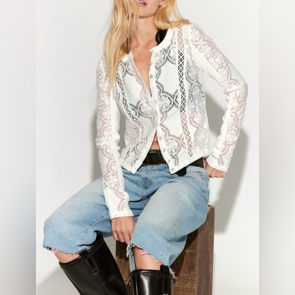 Free People Jea knit White Lace Button-Up Blouse, Sz L - Picture 3 of 10